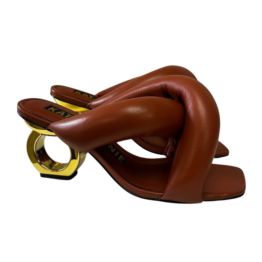 Kat Maconie Brown Gold Itzel Puffy Leather Open Toe Heeled Sandal Womens US 6